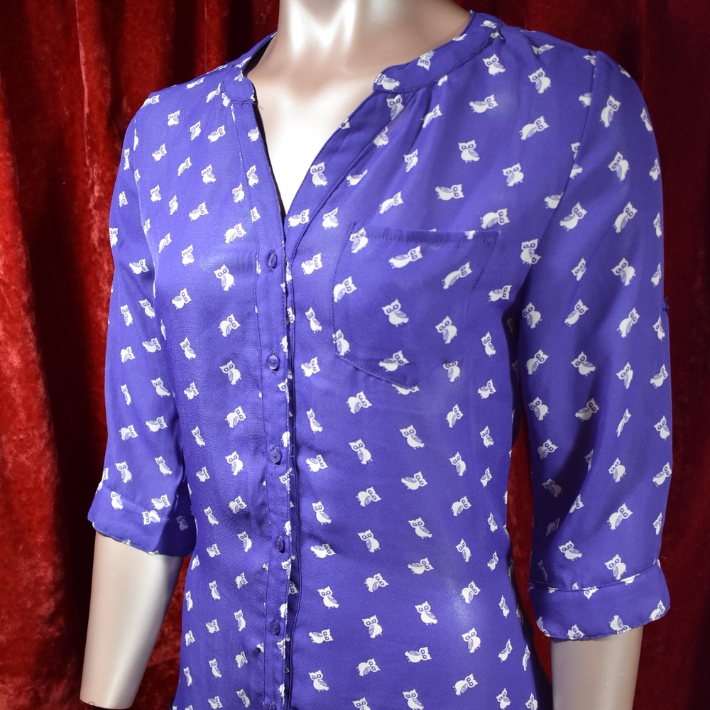 BONGO Sheer Purple and White Owl Button-Down Top